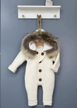 Knitted Wool Romper with Hood & Removable Fur Trim