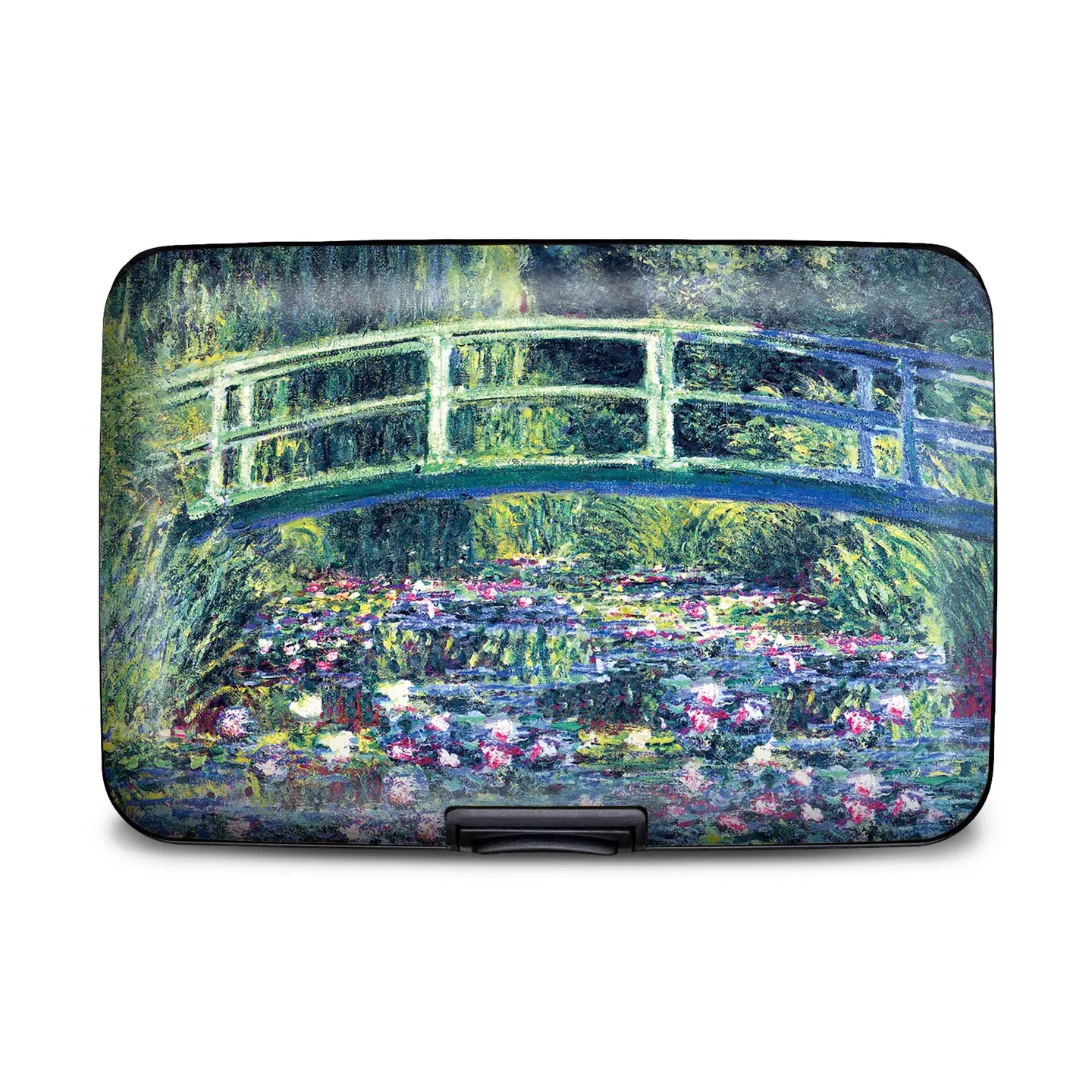 Claude Monet Water Lily Pond and Japanese Bridge RFID armored wallet featuring Impressionist lily pond artwork on compact aluminum card holder.