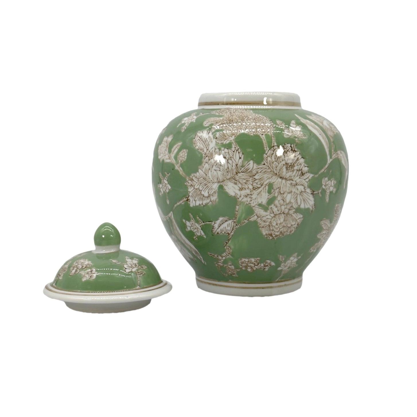 Green Floral Ceramic Ginger Jar – 10” Decorative Chinoiserie Lidded Jar