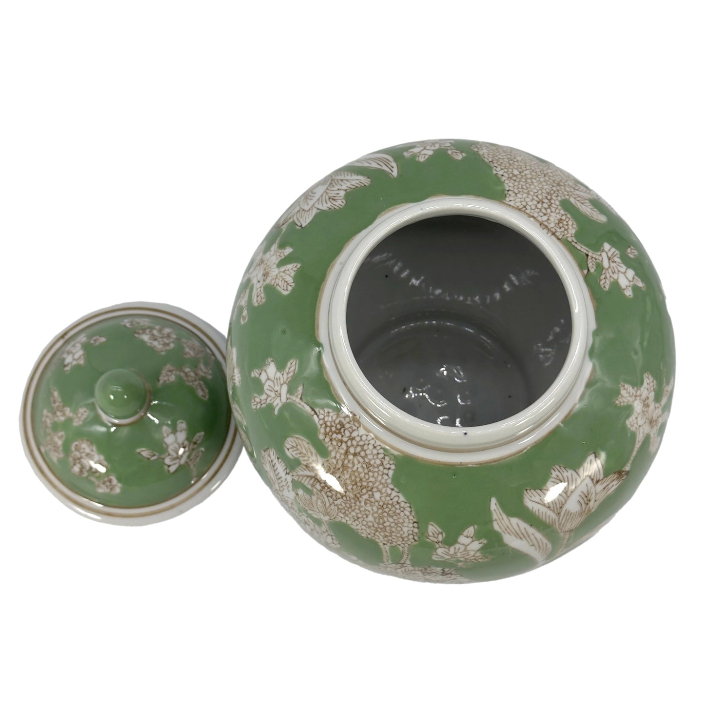Green Floral Ceramic Ginger Jar – 10” Decorative Chinoiserie Lidded Jar