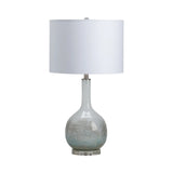 Coutler iridescent glass bottle table lamp with white linen shade
