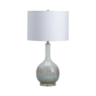 Coutler iridescent glass bottle table lamp with white linen shade