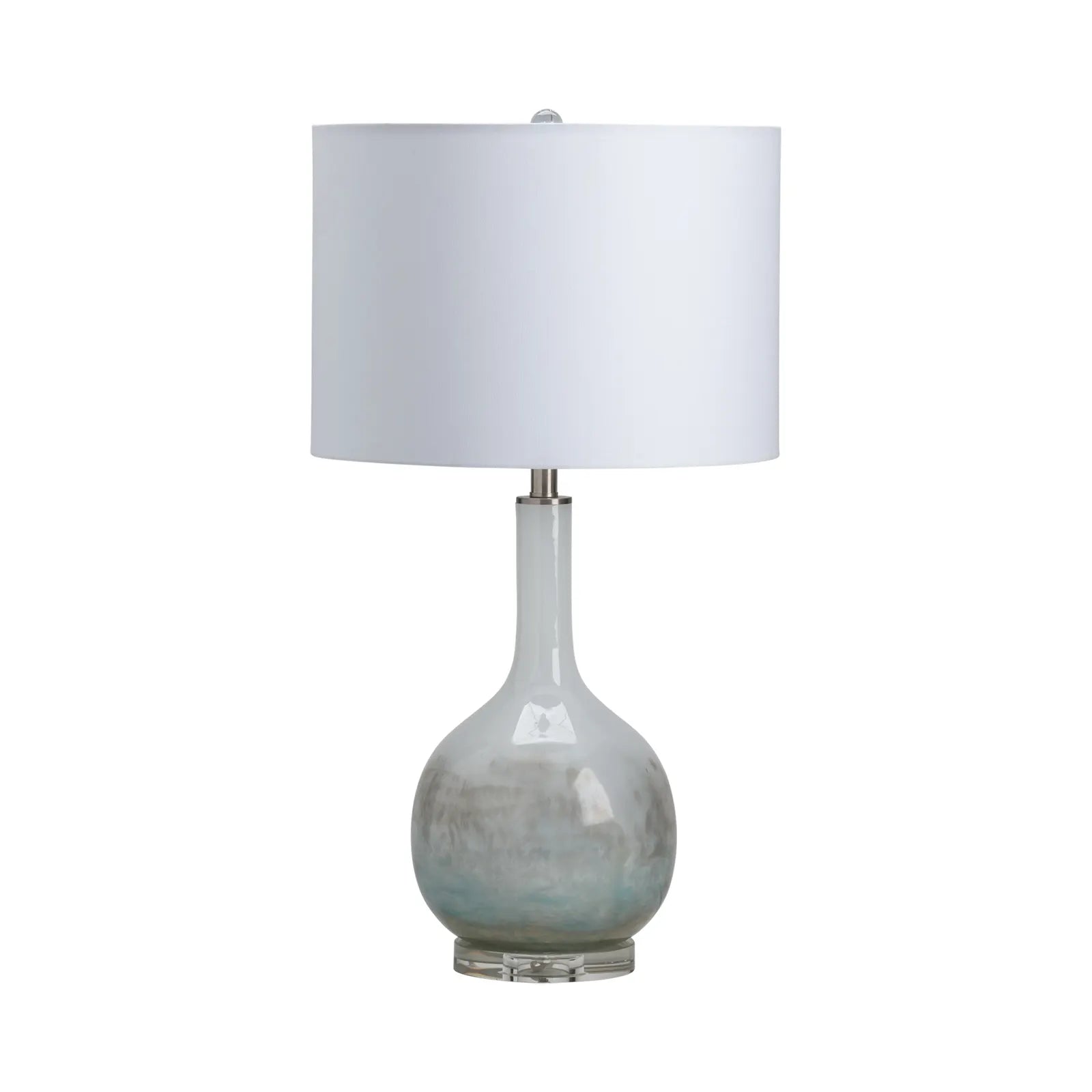 Coutler iridescent glass bottle table lamp with white linen shade
