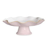 Beatriz Ball camellia pink and white pedestal cake stand with scalloped edge and gold rim