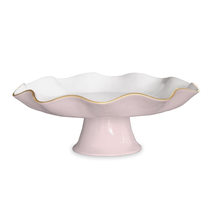 Beatriz Ball camellia pink and white pedestal cake stand with scalloped edge and gold rim