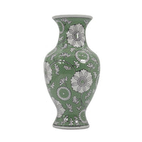Green Chinoiserie Ceramic Vase – 14” Decorative Floral Ginger Jar Style Accent Vase