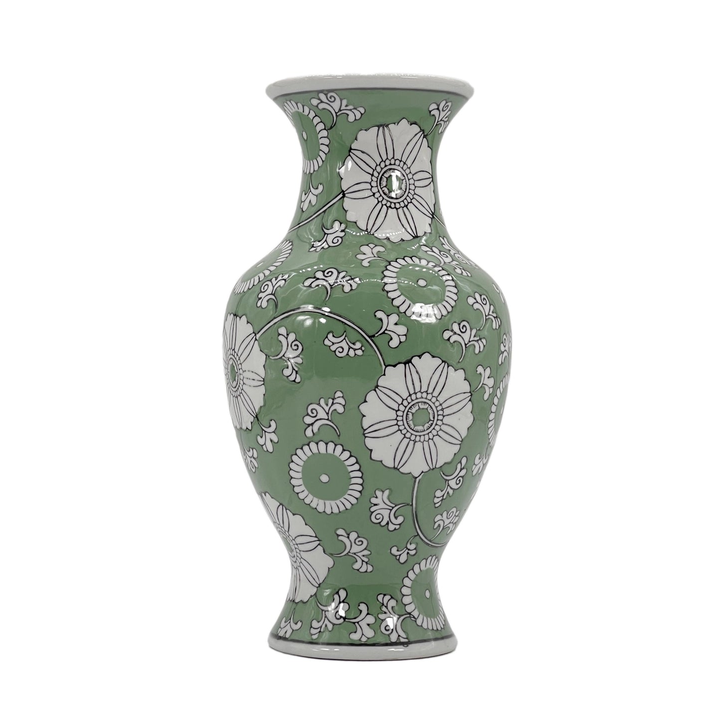Green Chinoiserie Ceramic Vase – 14” Decorative Floral Ginger Jar Style Accent Vase