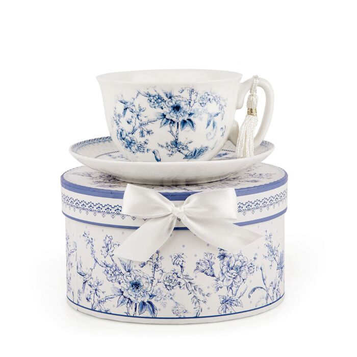 "Jardin Bleu" Bone China Teacup & Saucer Gift Set
