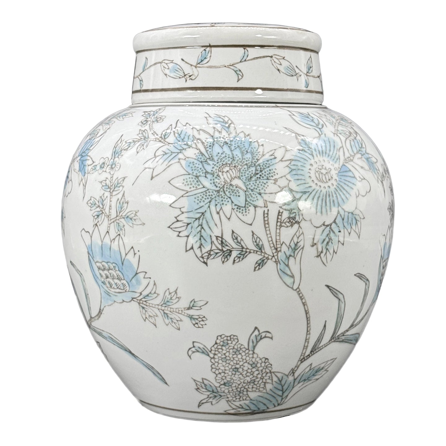 Blue and white floral ceramic ginger jar with lid, 10 inch decorative chinoiserie accent jar for home decor