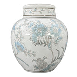 Blue and white floral ceramic ginger jar with lid, 10 inch decorative chinoiserie accent jar for home decor