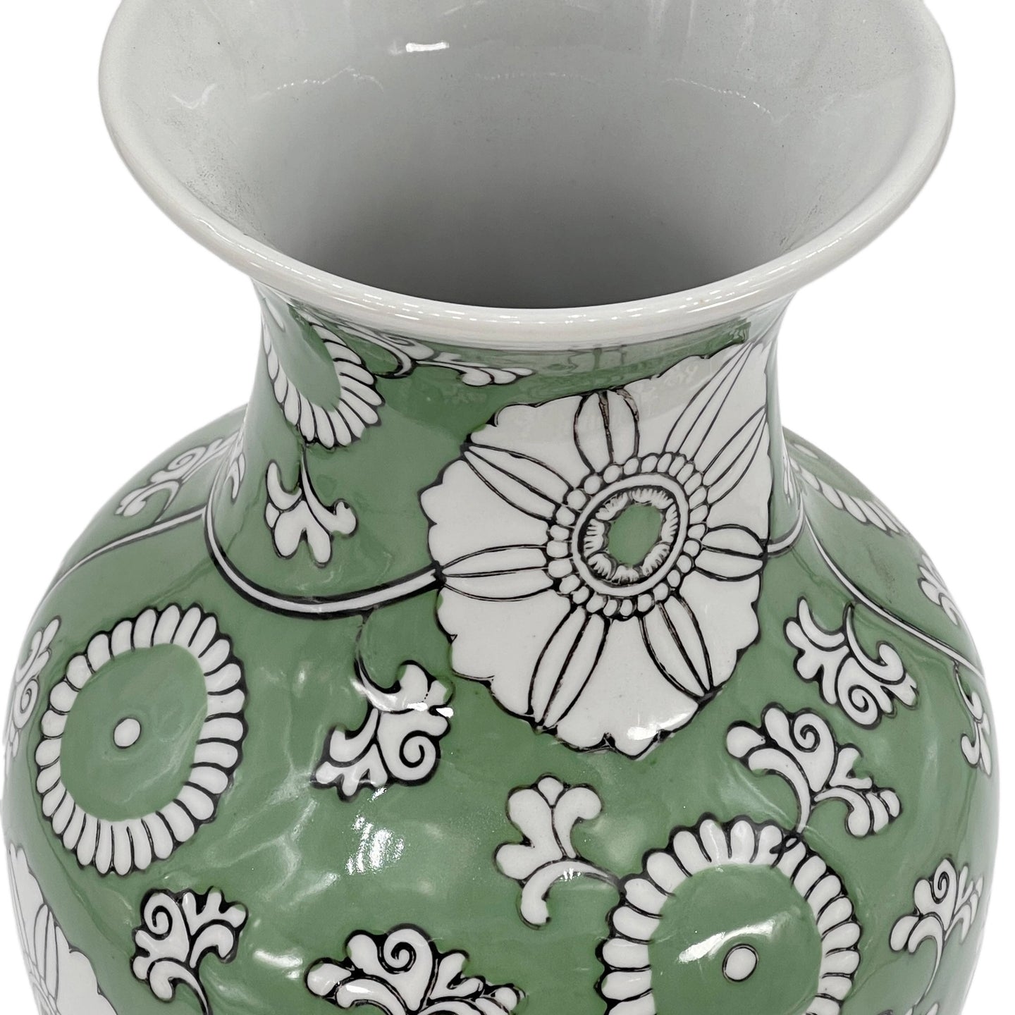 Green Chinoiserie Ceramic Vase – 14” Decorative Floral Ginger Jar Style Accent Vase