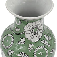 Green Chinoiserie Ceramic Vase – 14” Decorative Floral Ginger Jar Style Accent Vase