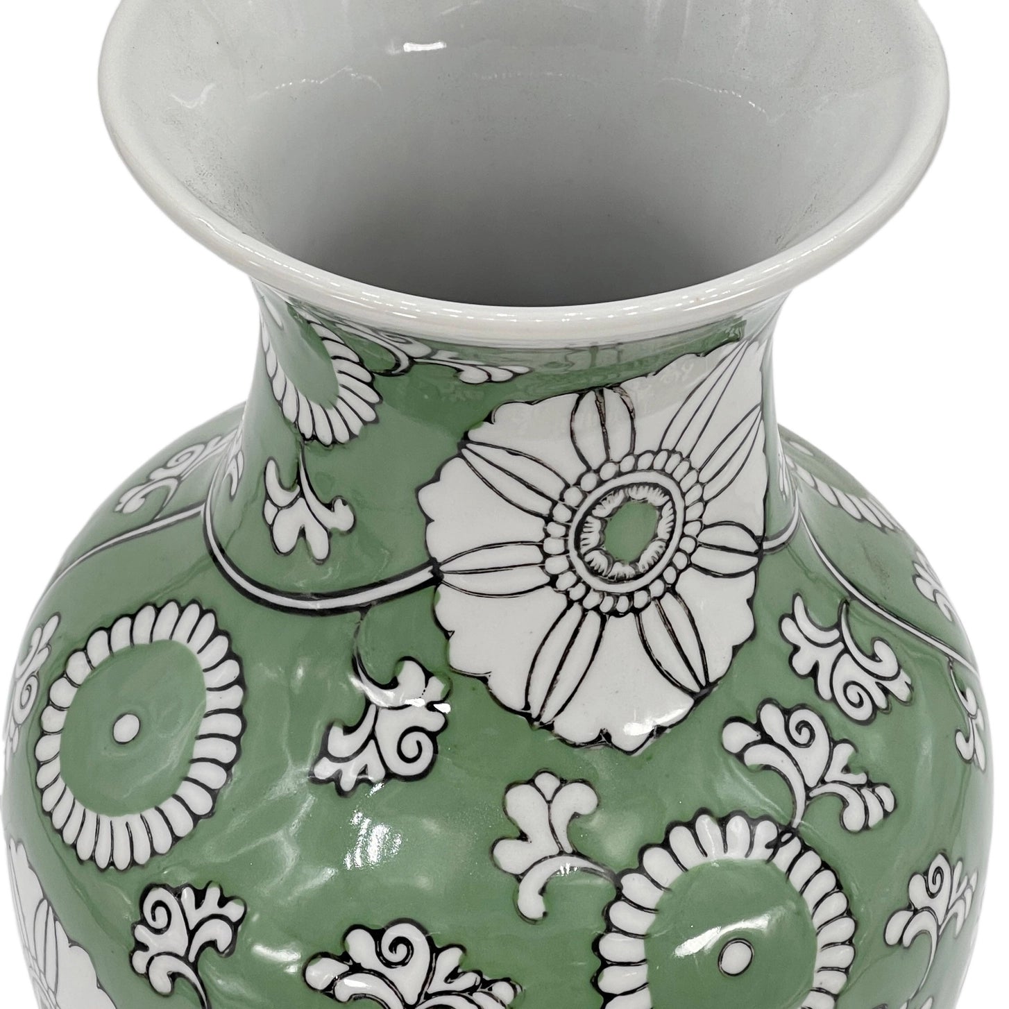 Green Chinoiserie Ceramic Vase – 14” Decorative Floral Ginger Jar Style Accent Vase