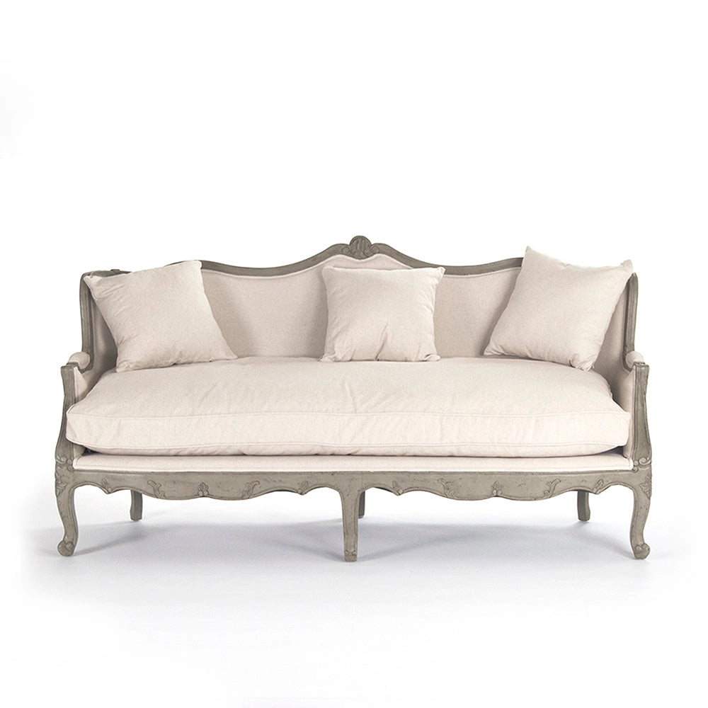 French Country Linen Sofa – Adele Carved Wood Upholstered Sofa in Jute & Off White