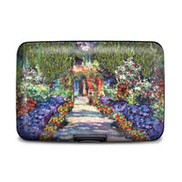 Claude Monet Garden at Giverny RFID armored wallet with colorful Impressionist garden artwork and aluminum card holder design.