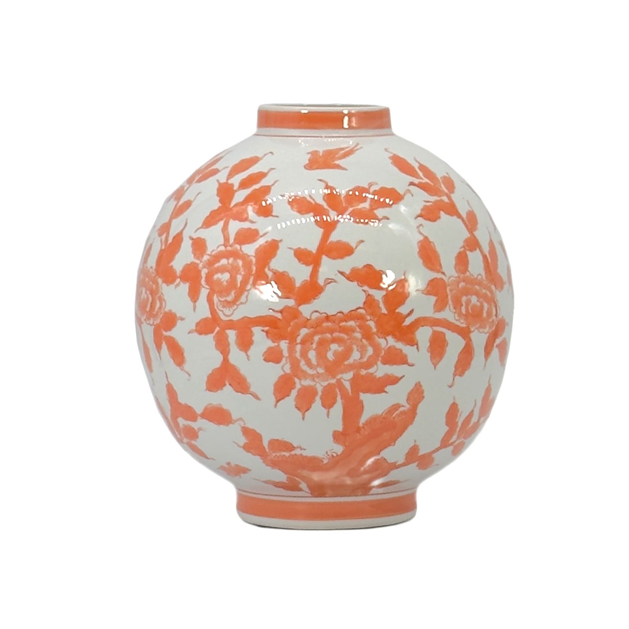 Orange and white chinoiserie ceramic globe vase with floral pattern, 12 inch decorative ginger jar style accent vase