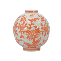 Orange and white chinoiserie ceramic globe vase with floral pattern, 12 inch decorative ginger jar style accent vase