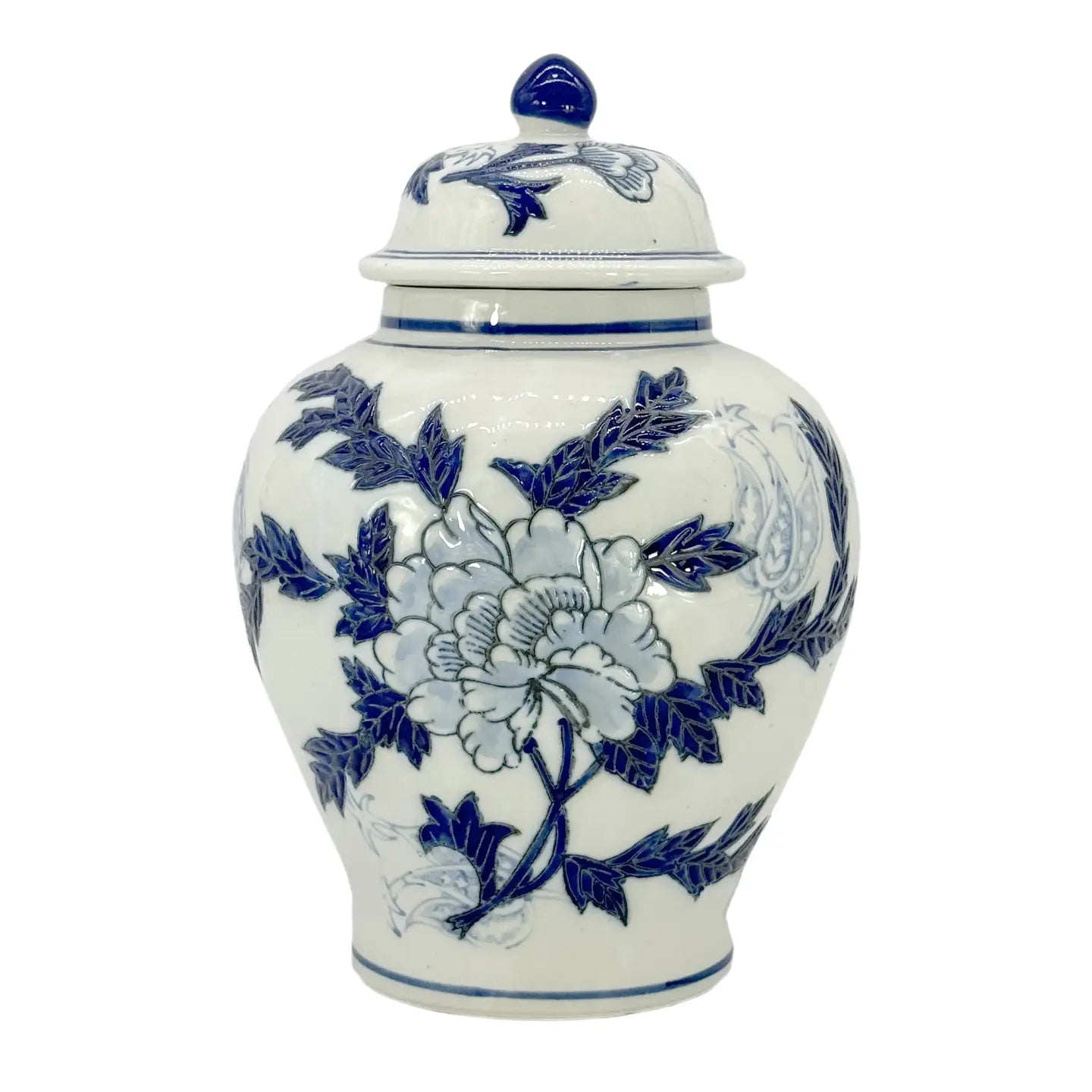 Blue and white floral chinoiserie ceramic ginger jar with lid, featuring classic botanical detailing and traditional decorative styling