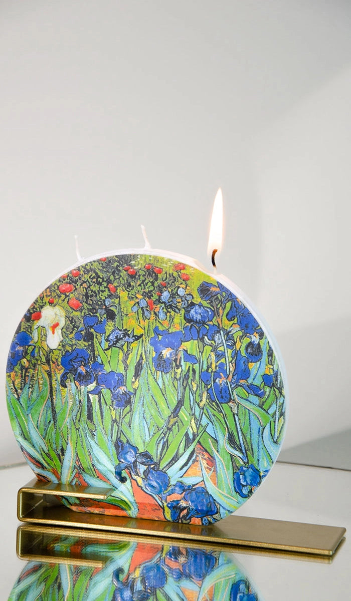 Van Gogh Irises Round Art Candle – Handcrafted Flat Candle