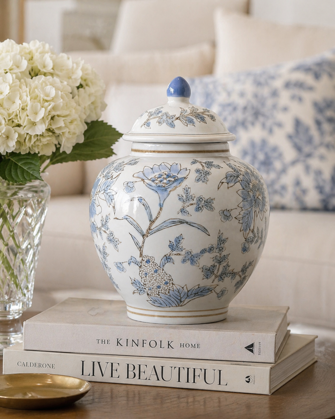 Blue & White Botanical Ceramic Ginger Jar – 10” Decorative Chinoiserie Lidded Jar