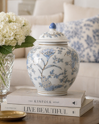 Blue & White Botanical Ceramic Ginger Jar – 10” Decorative Chinoiserie Lidded Jar