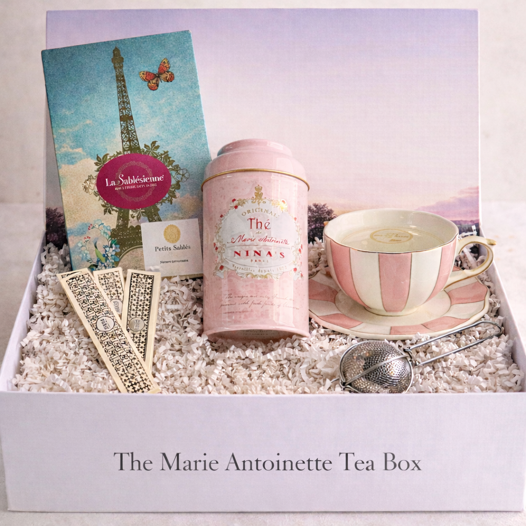 Marie Antoinette Tea Box French gift set with Nina’s Paris loose leaf tea, teacup and saucer, sablé cookies and tea strainer