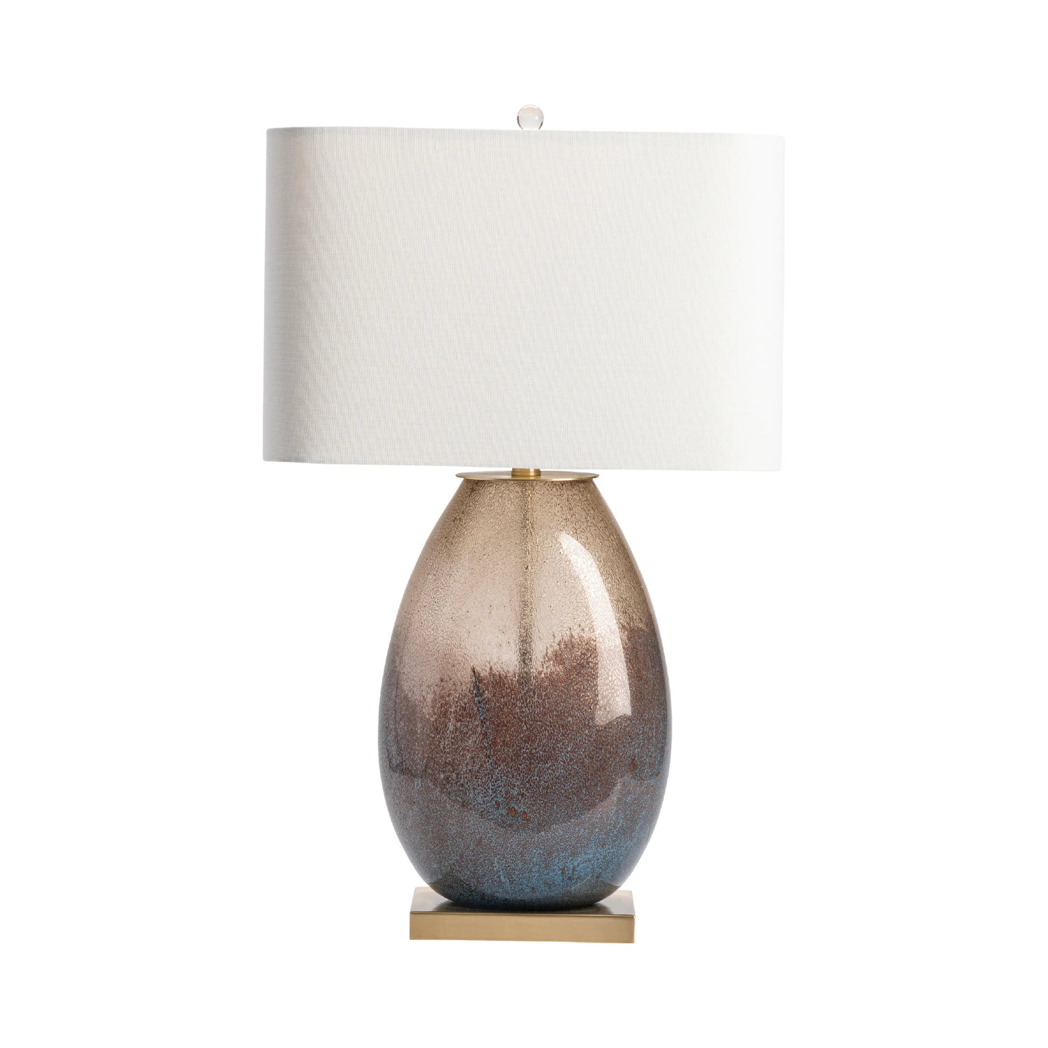 Noah ombre blue glass table lamp with brass base and linen shade