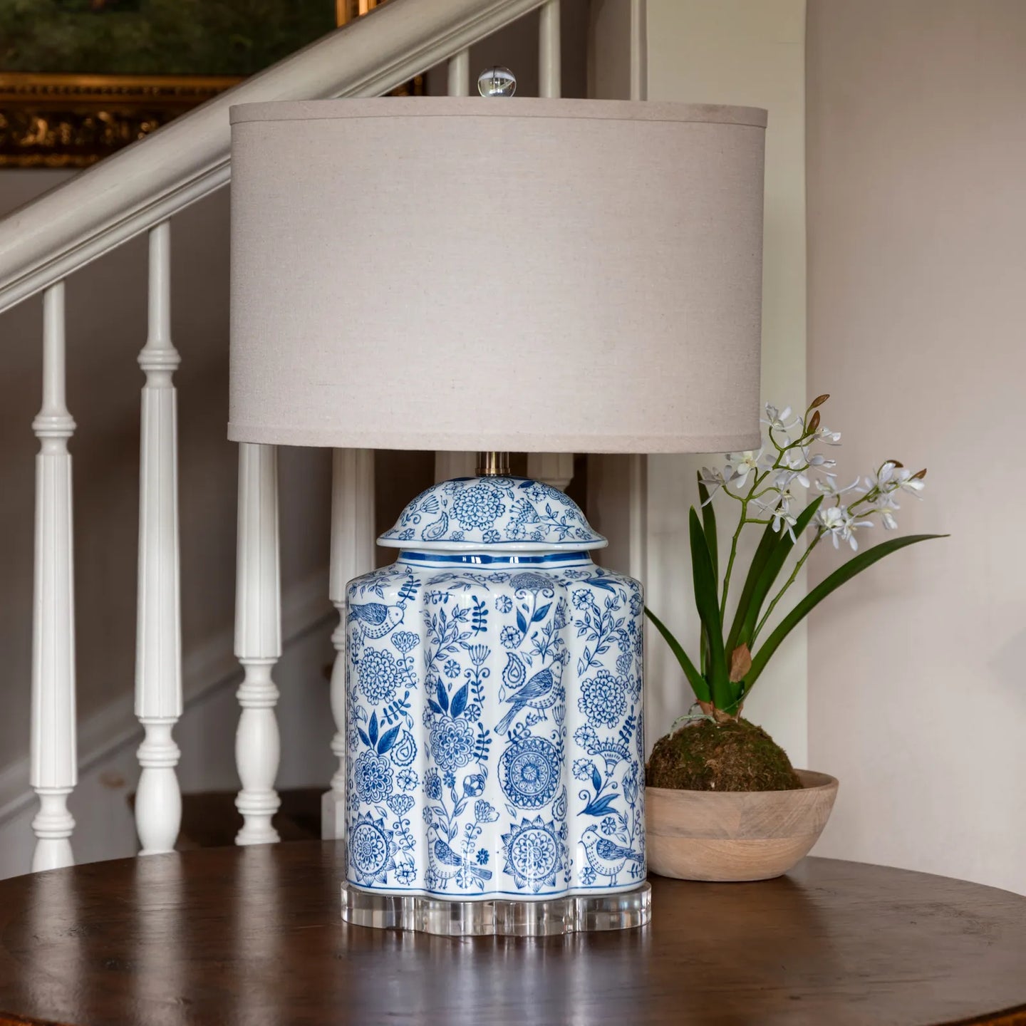 Petal and Plume blue and white porcelain table lamp with linen shade
