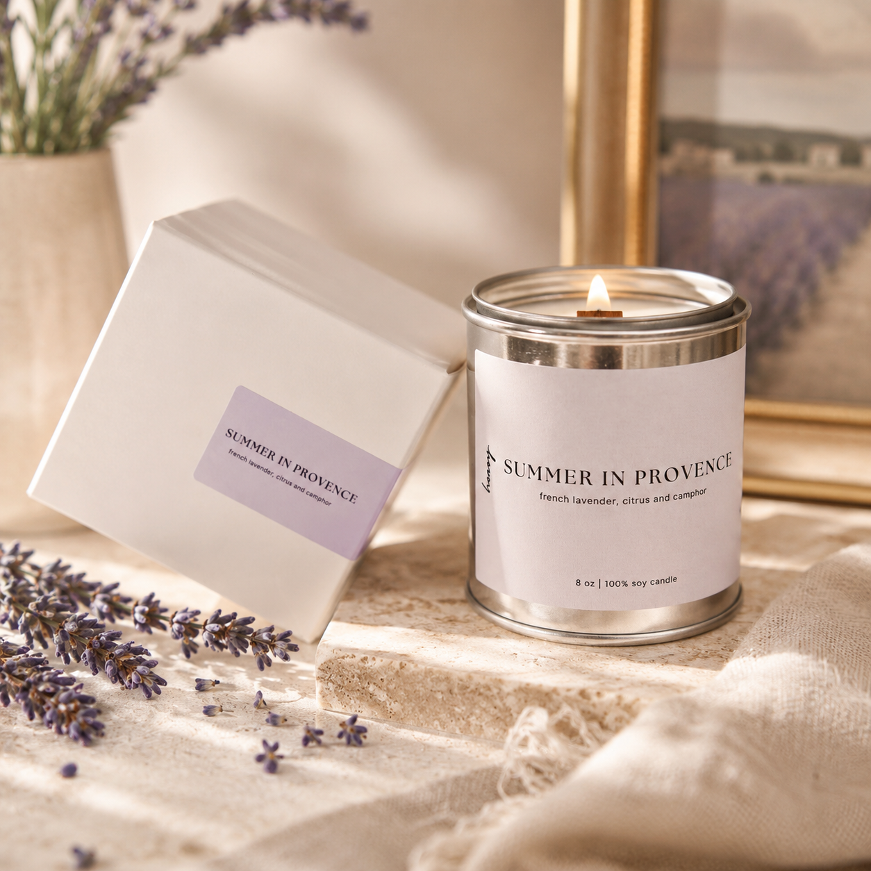 Summer in Provence soy candle with crackling wood wick and soft lavender minimalist packaging